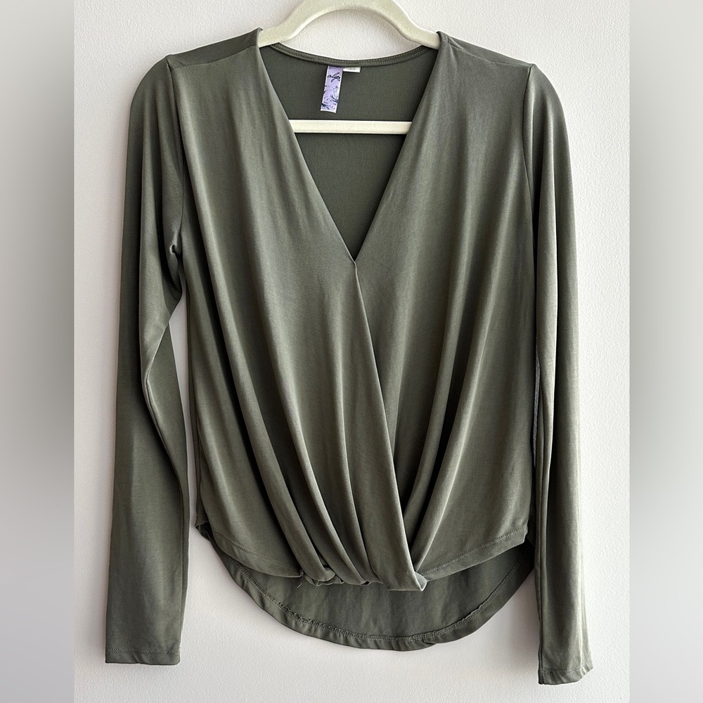 Alya Olive Green Twist Front Long Sleeve Top, Size XS